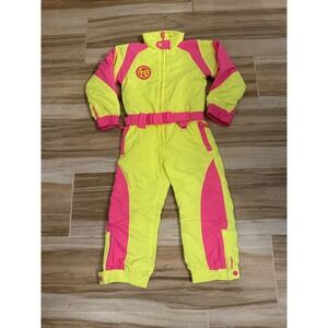 Tipsy Elves Kids Neon Yellow Pink Retro Ski Suit One Piece Snowsuit XS 4-5